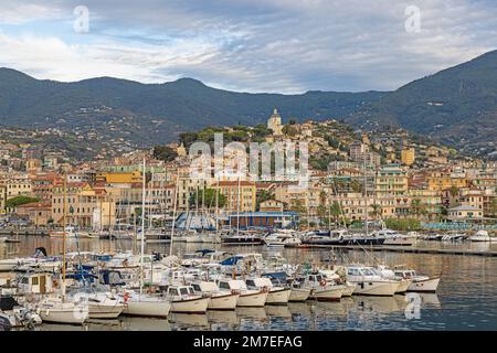 Panorama over the harbour of the Italian city of San Remo during sunrise in summer Stock Photo