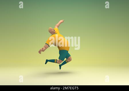 An athlete wearing a yellow shirt and green pants is jumping. 3d rendering of cartoon character in acting. Stock Photo