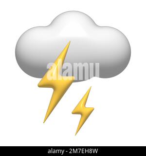 3D thunderstorm with lightning, white cloud icon. 3d storm weather element isolated on a white background. Climate concept - soft cotton cartoon fluff Stock Photo