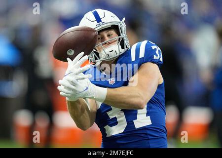 Indianapolis Colts running back Jake Funk (37) runs with the ball during  the first half an NFL preseason football game against the Buffalo Bills in  Orchard Park, N.Y., Saturday, Aug. 12, 2023. (