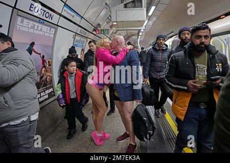 London, UK. 12th January 2014. People wearing no trousers on the London  Underground for No Trousers