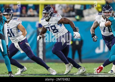 Tennessee Titans offensive tackle Nicholas Petit-Frere (78) looks to make a  block during an NFL football game against the Buffalo Bills, Monday, Sept.  19, 2022, in Orchard Park, N.Y. (AP Photo/Kirk Irwin