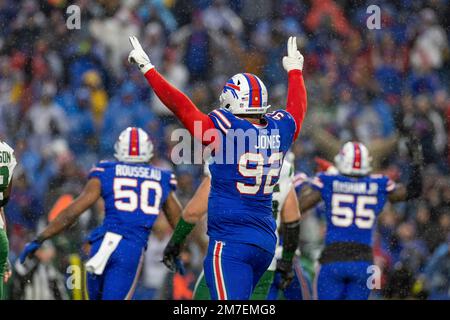 Buffalo Bills defensive tackle DaQuan Jones (92) walks off the field after  an NFL football game against the Kansas City Chiefs Sunday, Oct. 16, 2022,  in Kansas City, Mo. (AP Photo/Peter Aiken