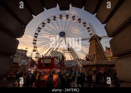 Sunset at the Winter Wonderland in Nottingham City, Nottinghamshire England UK Stock Photo