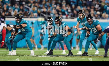 From left, Jacksonville Jaguars' Luke Fortner (79), Tyler Shatley (69), and  offensive tackle Walker Little (72) in action during an NFL football game  against the Tennessee Titans, Saturday, Jan. 7, 2023, in