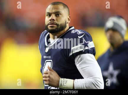 January 8, 2023 : Washington Commanders linebacker Khaleke Hudson (47)  applies pressure to Dallas Cowboys quarterback Dak Prescott (4) during the  game between the Dallas Cowboys and the Washington Commanders in Landover