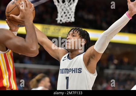 Memphis Grizzlies guard Kennedy Chandler (1) reacts during the second half  of an NBA basketball game against the Utah Jazz Saturday, Oct. 29, 2022, in  Salt Lake City. (AP Photo/Rick Bowmer Stock