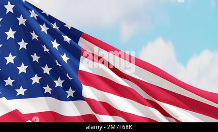 Stars and Stripes. USA flag waving in the wind on blue sky background. Independence Day or President's Day celebration. United States banner. Stock Photo