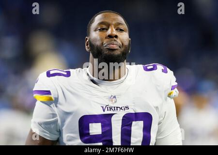 Minnesota Vikings' Esezi Otomewo (90) and Khyiris Tonga celebrate an  interception during an NFL football game against the Chicago Bears Sunday,  Jan. 8, 2023, in Chicago. (AP Photo/Charles Rex Arbogast Stock Photo - Alamy