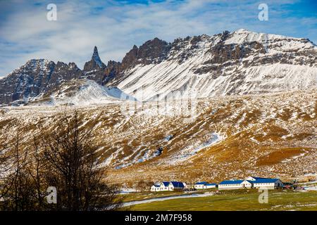 Typical autumn landscape with the first snow on the mountains in northern Iceland Stock Photo