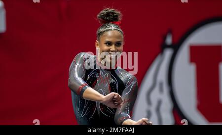 Utah gymnast Jaedyn Rucker performs her floor routine during an NCAA ...