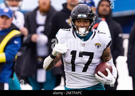 Jacksonville Jaguars tight end Evan Engram (17) walks off the field after  of an NFL football game against the Baltimore Ravens, Sunday, Nov. 27,  2022, in Jacksonville, Fla. The Jacksonville Jaguars defeated