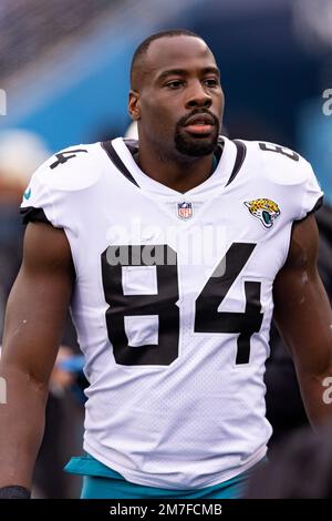 JACKSONVILLE, FL - SEPTEMBER 18: Jacksonville Jaguars tight end Chris  Manhertz (84) catches a pass before the game between the Indianapolis Colts  and the Jacksonville Jaguars on September 19, 2022 at TIAA