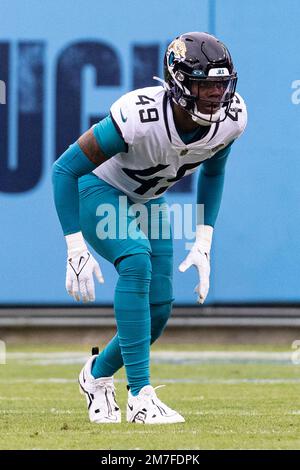 Jacksonville, FL, USA. 18th Dec, 2022. Jacksonville Jaguars defensive end  Arden Key (49) runs onto the field before the game between the Jacksonville  Jaguars and the Dallas Cowboys in Jacksonville, FL. Romeo