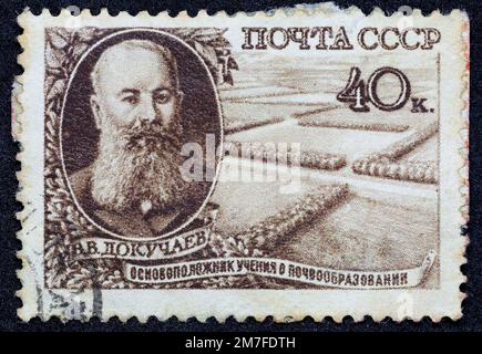 USSR - CIRCA 1949: Postage stamp 40 kopeck printed in the Soviet Union shows Portrait of geologist and geographer Vasily Dokuchaev. Post stamp series Stock Photo