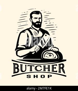 Butcher with cleaver knife and fresh beef meat. Butcher shop, farm organic food emblem or badge. Vector illustration Stock Vector