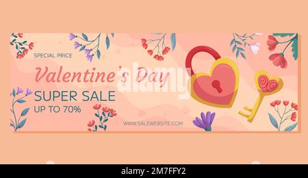 St. Valentines Day horizontal Super Sale banner template design. Lock and key in heart shape, gold and pink color with floral frame on beige backdrop. Special Price online shopping Stock Vector