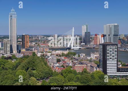 Holland, Rotterdam, View from the Euromast including Het Park, Erasmus Bridge and the Nieuwe Maas River with De Zalmhaven Rotterdam's tallest tower on the left. Stock Photo