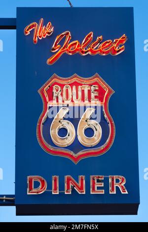 Joliet, Illinois - United States - September 23rd, 2022: Vintage signage from the Joliet Route 66 Diner in downtown Joliet, Illinois. Stock Photo