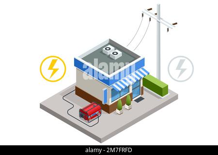 Isometric Small portable gasoline electric generator outside a store. industrial and home immovable power generator Stock Vector