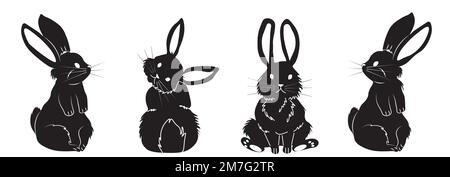 Set of black cute pretty bunny, rabbit or hare. Four different poses. Easter symbol or mascot. Vector illustration isolated on white background. Stock Vector