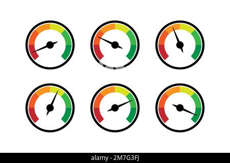 Color speedometer icons. Set of colorful speedometers. Vector illustration on white background . Flat collection of tachometers. 10 eps Stock Vector