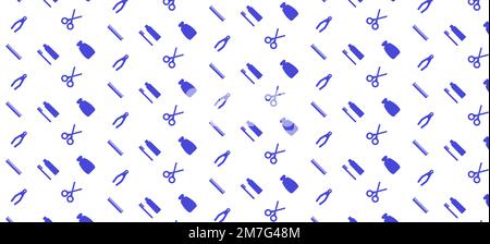 Seamless pattern with tools and supplies. Colorful background for grooming salon and pet shop, t-shirt, apparel print, web page, surface texture and fabrics. Paw, bone, scissors, bowl, nose, dog. Vector illustration Stock Vector