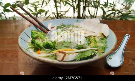 Vegan Vietnamese Pho Soup. Phở, often written as pho, is a traditional Vietnamese dish based on what is generically called a noodle soup. Stock Photo