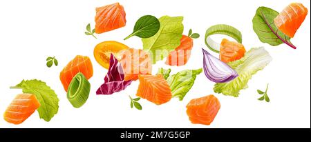 Falling salmon salad ingredients isolated on white background Stock Photo