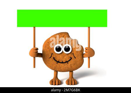 Funny Cookie with a Green Chroma Key Placard on wood stick – Digital 3D Illustration isolated on white background Stock Photo