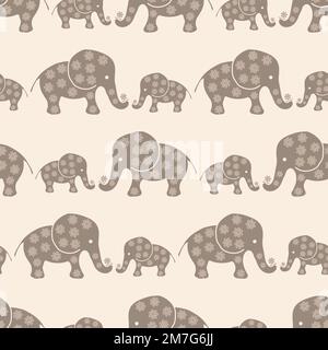 Cute baby elephant vector seamless pattern background. Adorable simple beige brown gender neutral backdrop with naive hand drawn elephants. Geometric Stock Vector