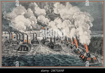 American Civil War 1860s 'Bombardment of Island 'Number Ten' In The Mississippi River.' Hand colored lithograph by Currier and Ives, New York, 1862. Civil War. An ironclad is a steam-propelled warship protected by iron or steel armor plates, constructed from 1859 to the early 1890s. Ironclad gunboats became very successful in the American Civil War. Stock Photo