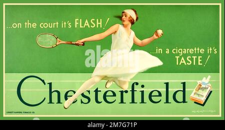 SPORT SMOKING CHESTERFIELD CIGARETTES VINTAGE ADVERTISING POSTER 1930s by Charles Edward Chambers 'On the court it's FLASH!' 'in a cigarette its TASTE' Chesterfield. Combining sport tennis with cigarette smoking in the 1930s Stock Photo