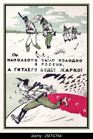 Russian Soviet Propaganda Poster World War II 'Napoleon was cold in Russia, and Hitler will be hot! '  Hitler running from Soviet USSR Aircraft WW2 1941 Eastern Front Operation Barbarossa Stock Photo