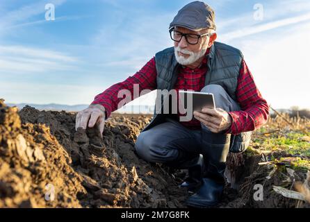 Mature farmer checking clod of earth in field in autumn time Stock Photo