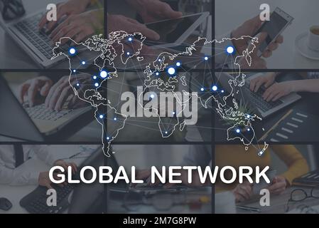 Global network concept illustrated by pictures on background Stock Photo