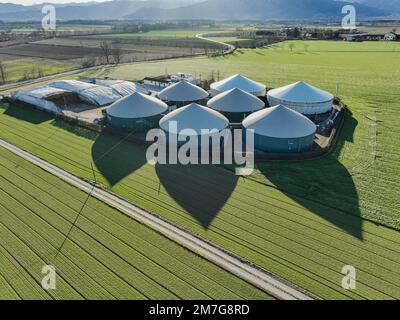 A modern biogas plant in the province of Cuneo in Piedmont. Cardè, Italy - January 2023 Stock Photo
