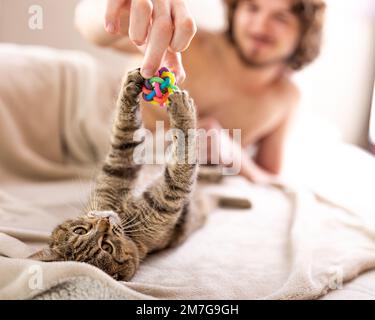 Young man playing with his small cat in bed Stock Photo