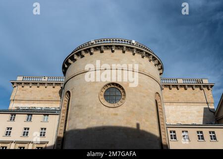 The apse of Cathedral of Christ the King in Katowice, Silesia, Poland. Classicist modernism from XX century. Ornamental cornice and rosette window. Ro Stock Photo