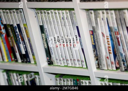 A huge library of old Playstation games on display in Havant, Hampshire, UK. Stock Photo