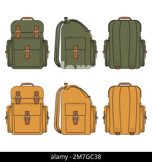 Set of color illustrations with travel backpack. Isolated vector objects on white. Stock Vector