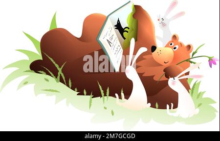 Bear and Rabbits Reading Story Book Clipart Stock Vector