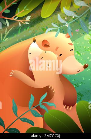 Bear Mother Loves and Hugs her Child in Forest Stock Vector