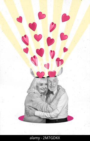 Collage 3d image of pinup pop retro sketch of smiling elderly couple open heads 14 february hearts isolated painting background Stock Photo