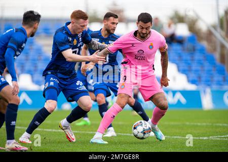 BATES DAVID of KV Mechelen and MATO JOSE LUIS of RCD Espanyol battle for the ball during the Friendly,RCD Espanyol de Barcelona vs kv Mechelen, Men, f Stock Photo