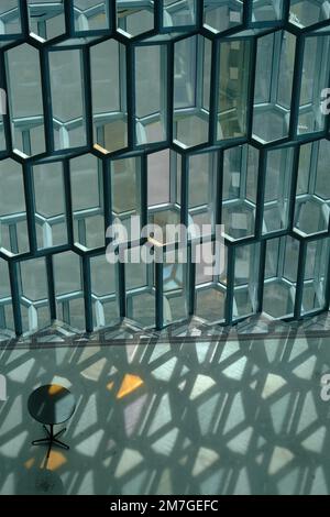 A closeup view of an abstract window of Harpan concert hall in Reykjavik Stock Photo