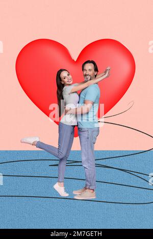 Creative collage photo of two middle age people embracing together support themselves enjoy february valentine day isolated on pink background Stock Photo