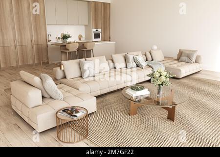 Luxury living room in house with modern interior design. Beige sofa with coffee table and gold decoration. Mock up poster frame. 3d render. High Stock Photo