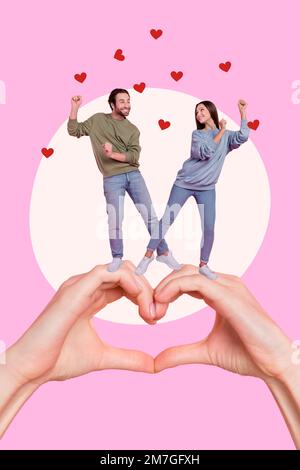 Vertical collage picture of two positive carefree people dancing big arms fingers demonstrate heart gesture isolated on pink background Stock Photo