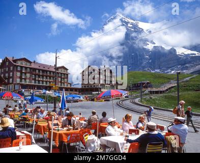 Hotel Bellevue des Alpes and the Eiger Mountain from Kleine Scheidegg Railway Station, Kleine Scheidegg Pass, Bern, Switzerland Stock Photo